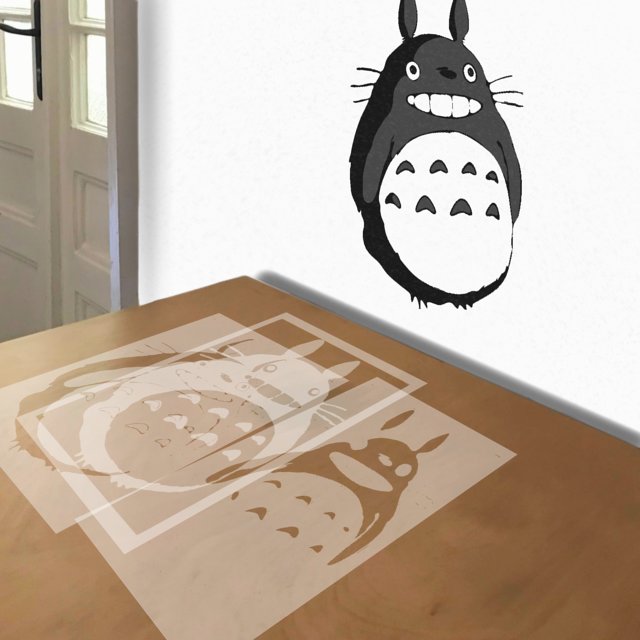 Totoro stencil in 3 layers, simulated painting