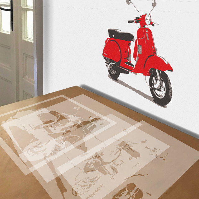 Red Vespa stencil in 4 layers, simulated painting