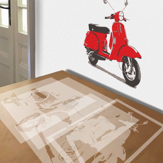 Red Vespa stencil in 4 layers, simulated painting