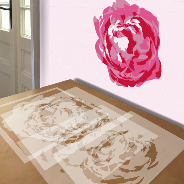 Peony stencil in 4 layers, simulated painting
