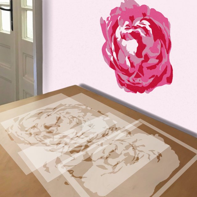 Peony stencil in 4 layers, simulated painting