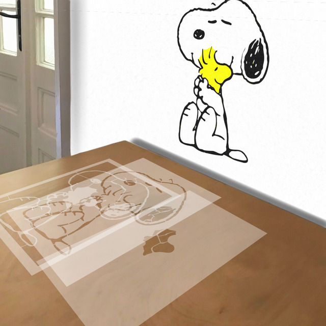 Snoopy and Woodstock stencil in 3 layers, simulated painting
