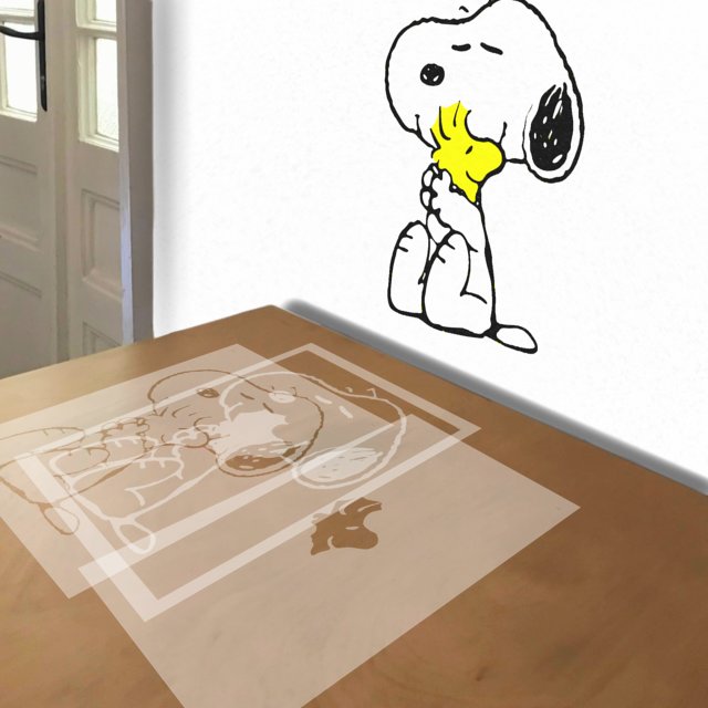 Snoopy and Woodstock stencil in 3 layers, simulated painting