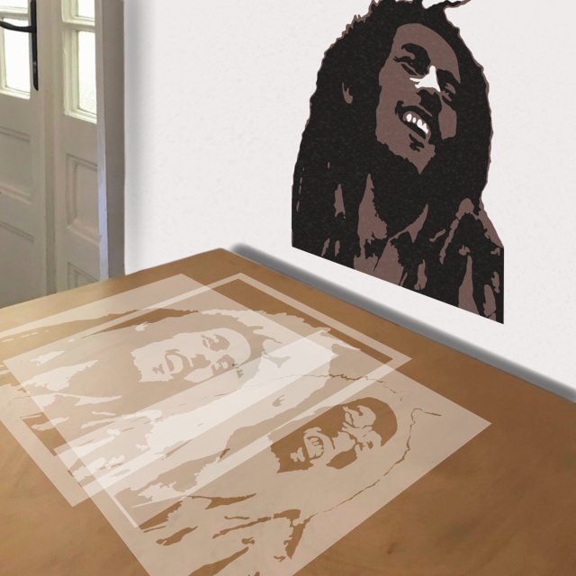 Bob Marley stencil in 3 layers, simulated painting