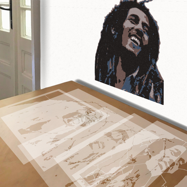 Bob Marley stencil in 5 layers, simulated painting