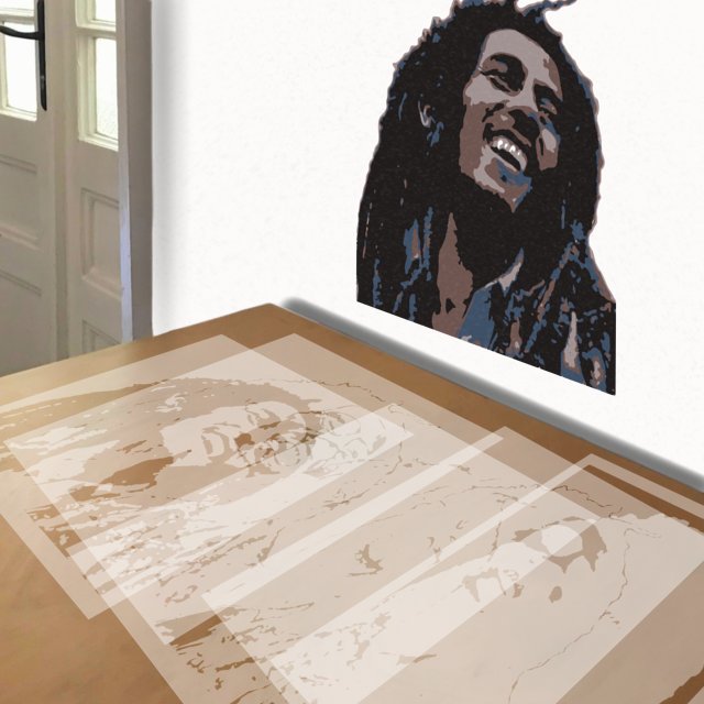 Bob Marley stencil in 5 layers, simulated painting