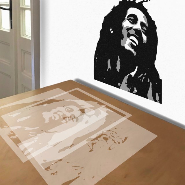 Bob Marley stencil in 3 layers, simulated painting