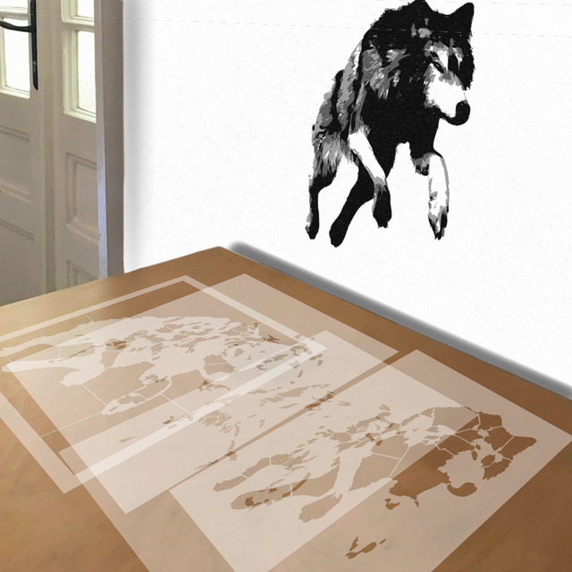 Jumping Wolf stencil in 4 layers, simulated painting