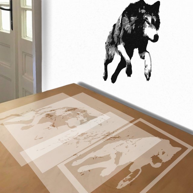 Jumping Wolf stencil in 4 layers, simulated painting