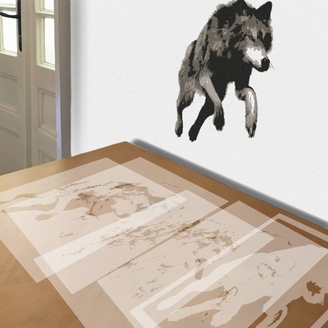 Jumping Wolf stencil in 5 layers, simulated painting