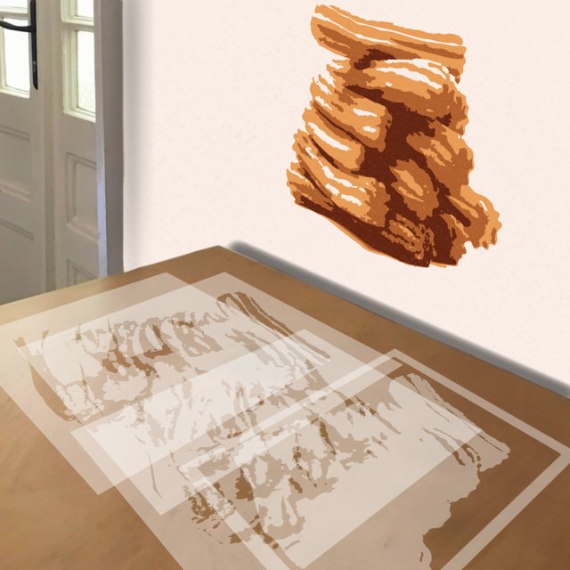 Churros stencil in 4 layers, simulated painting