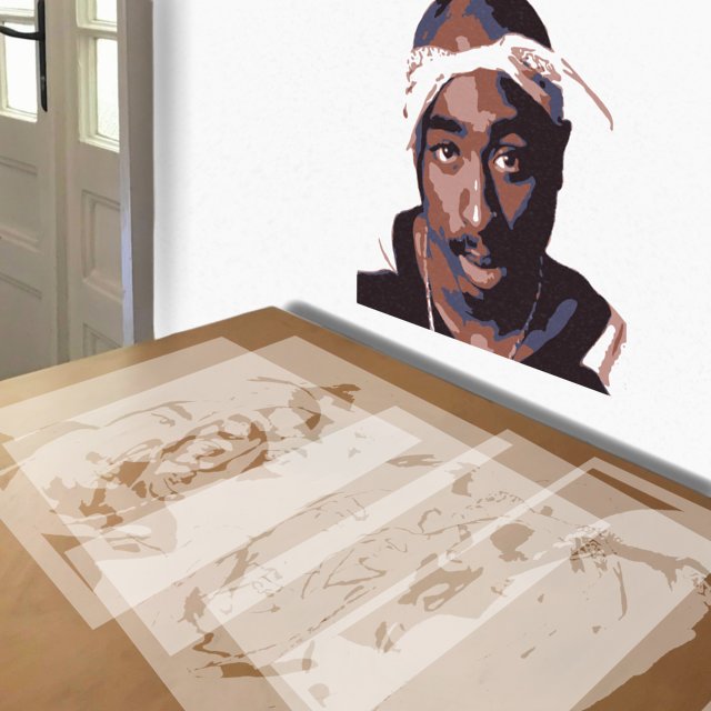 Tupac stencil in 5 layers, simulated painting