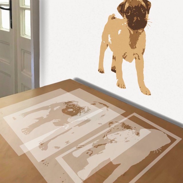 Pug Puppy stencil in 4 layers, simulated painting