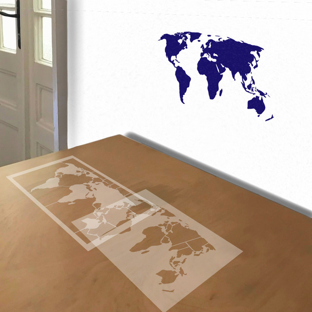 World Map stencil in 2 layers, simulated painting