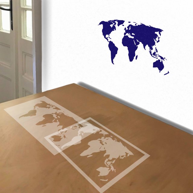 World Map stencil in 2 layers, simulated painting