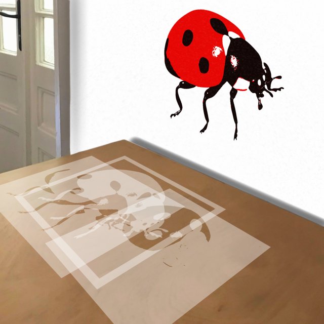 Ladybug stencil in 3 layers, simulated painting