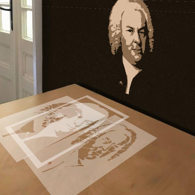 Johann Sebastian Bach stencil in 3 layers, simulated painting