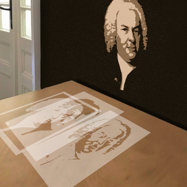 Johann Sebastian Bach stencil in 3 layers, simulated painting