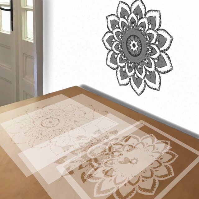 Mandala in Blue and Red stencil in 4 layers, simulated painting