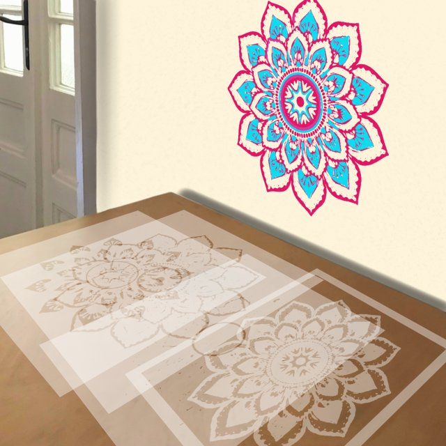 Mandala in Blue and Red stencil in 4 layers, simulated painting
