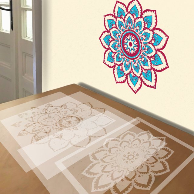 Mandala in Blue and Red stencil in 4 layers, simulated painting