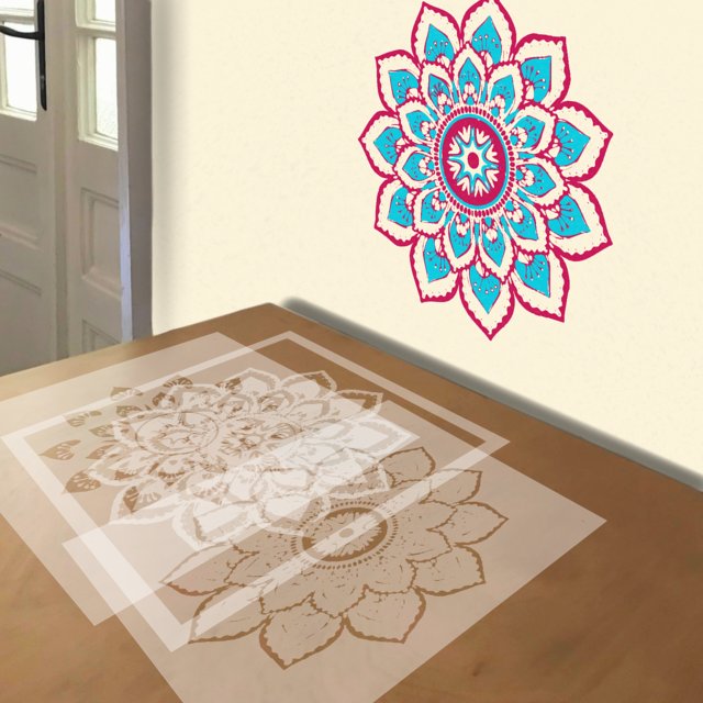 Mandala in Blue and Red stencil in 3 layers, simulated painting