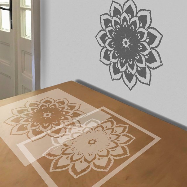 Mandala in Blue and Red stencil in 2 layers, simulated painting