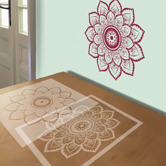 Mandala in Blue and Red stencil in 2 layers, simulated painting