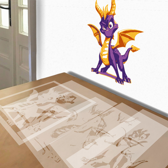 Spyro the Dragon stencil in 5 layers, simulated painting