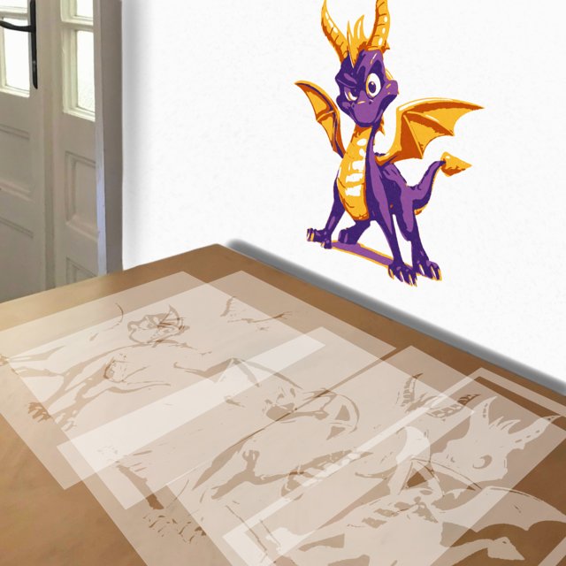 Spyro the Dragon stencil in 5 layers, simulated painting