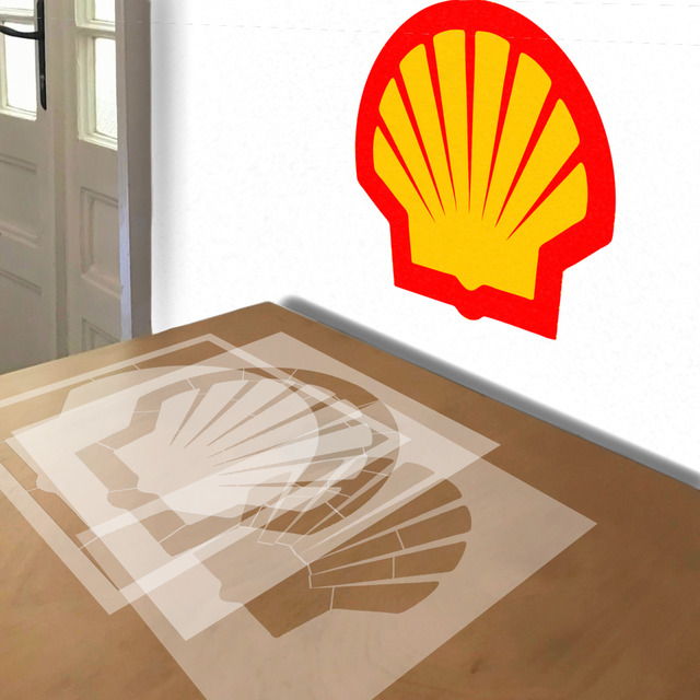 Shell Logo stencil in 3 layers, simulated painting