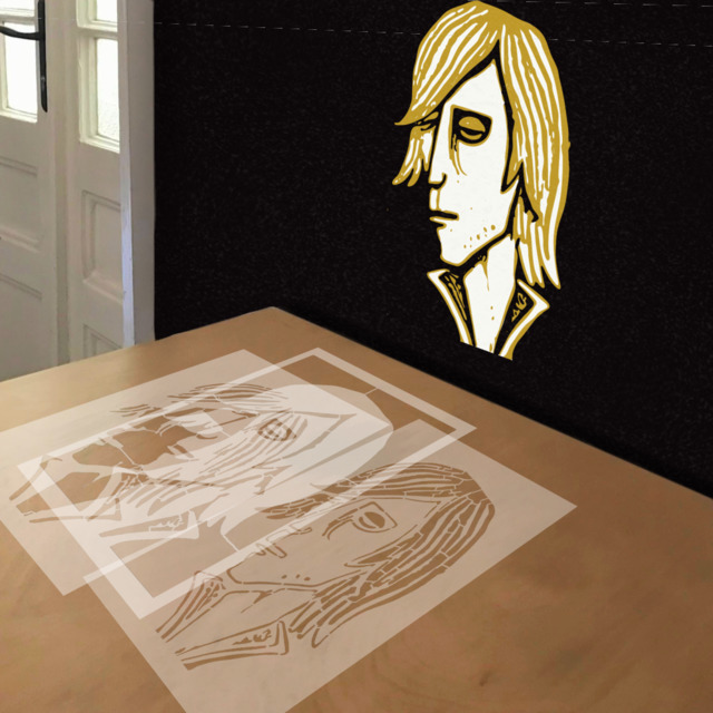 Tom Petty stencil in 3 layers, simulated painting