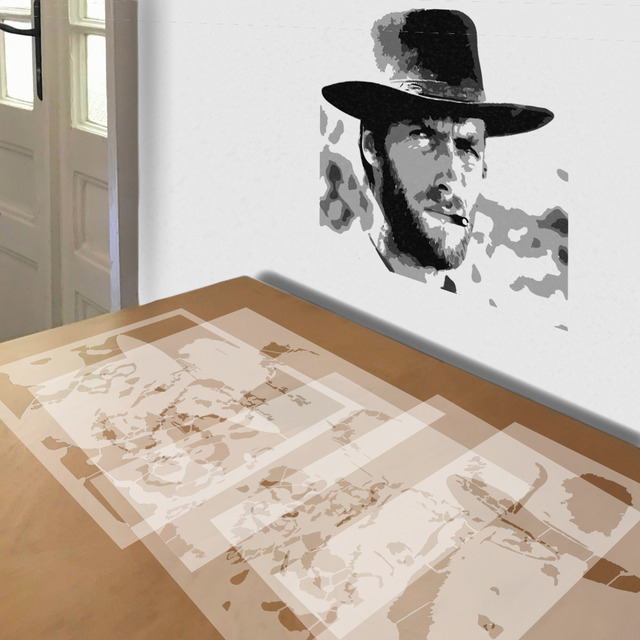 Clint Eastwood stencil in 5 layers, simulated painting