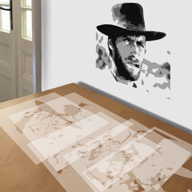 Clint Eastwood stencil in 5 layers, simulated painting