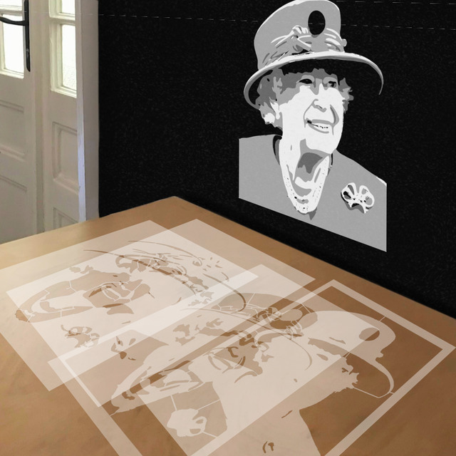 Queen Elizabeth in Big Hat stencil in 4 layers, simulated painting