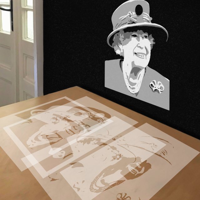 Queen Elizabeth in Big Hat stencil in 4 layers, simulated painting