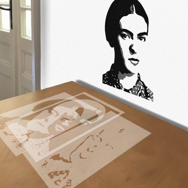 Early Frida Kahlo stencil in 3 layers, simulated painting