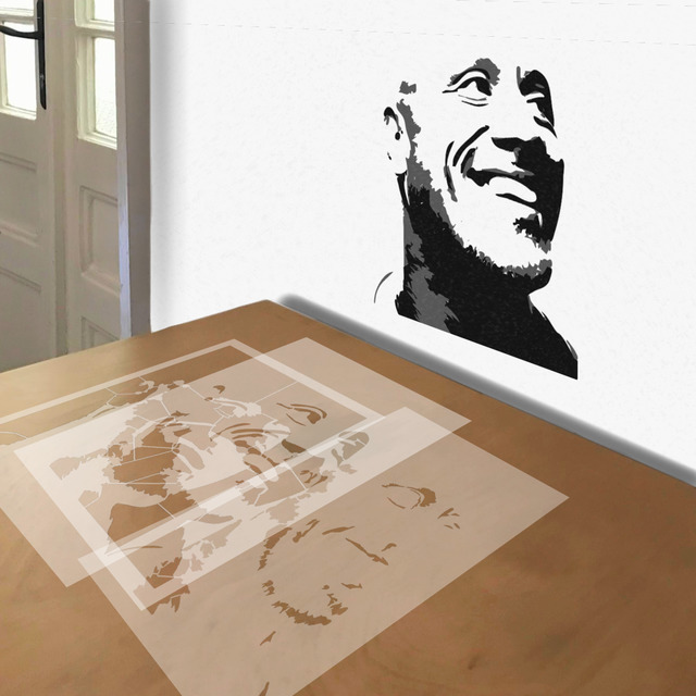 Dwayne Johnson Smile stencil in 3 layers, simulated painting