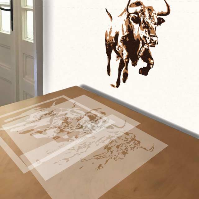 Charging Bull stencil in 3 layers, simulated painting