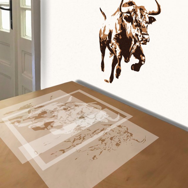 Charging Bull stencil in 3 layers, simulated painting