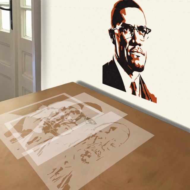 Malcolm X stencil in 3 layers, simulated painting