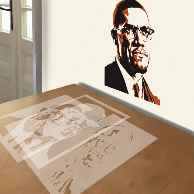 Malcolm X stencil in 3 layers, simulated painting