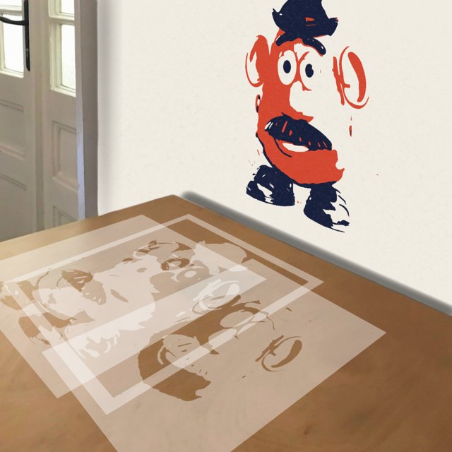 Mr. Potatohead stencil in 3 layers, simulated painting