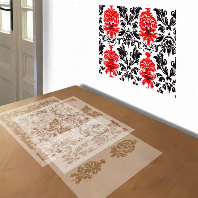 Victorian Wallpaper in Red and Black stencil in 3 layers, simulated painting