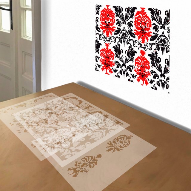 Victorian Wallpaper in Red and Black stencil in 3 layers, simulated painting