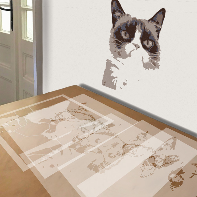 Grumpy Cat stencil in 5 layers, simulated painting