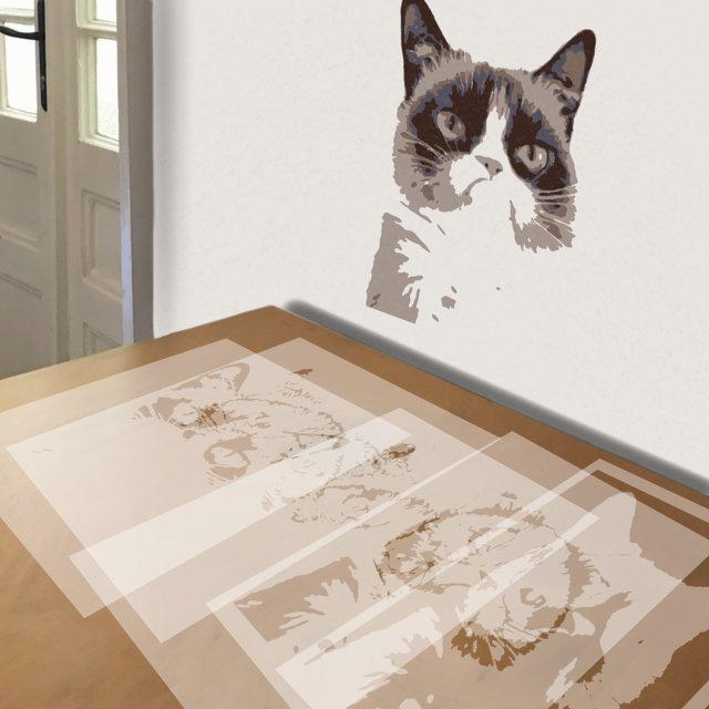 Grumpy Cat stencil in 5 layers, simulated painting