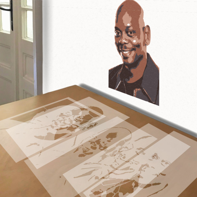 Dave Chapelle stencil in 5 layers, simulated painting