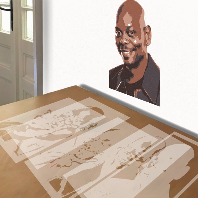 Dave Chapelle stencil in 5 layers, simulated painting