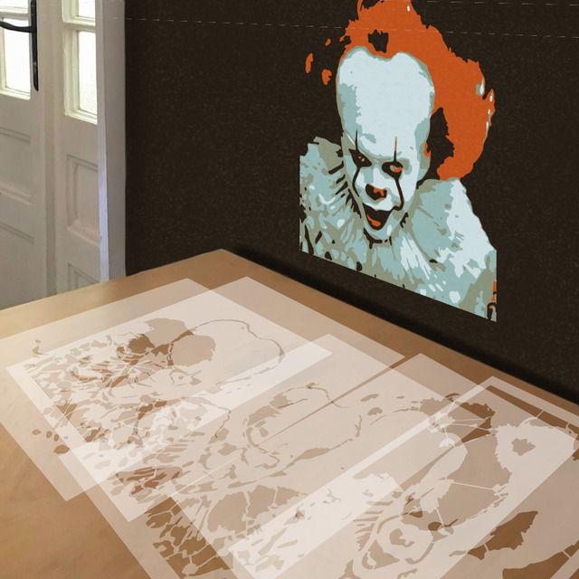 Pennywise stencil in 5 layers, simulated painting